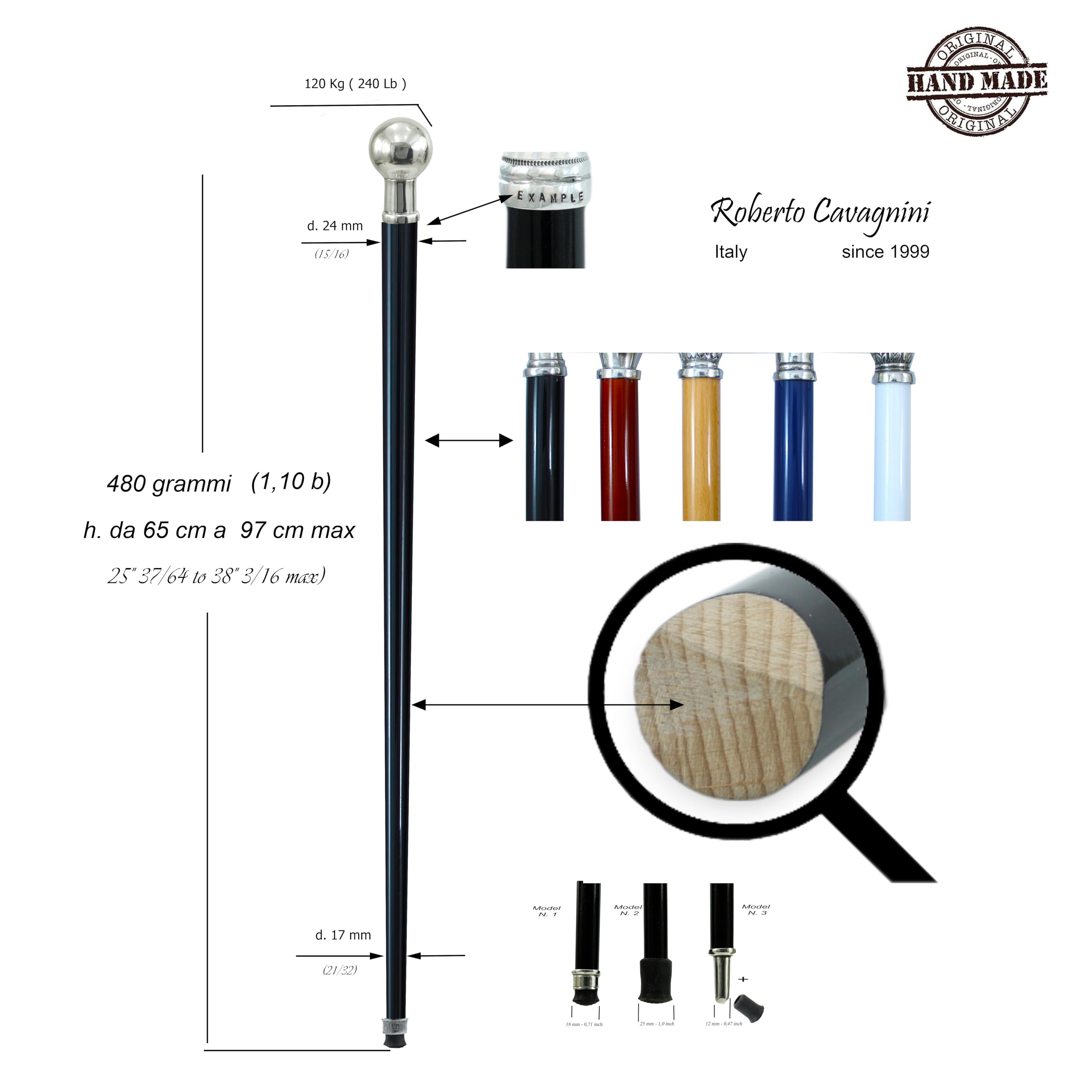bastón de Paseo con Bola para Hombre y Mujer, Personalizado, de Madera | bastón de Paseo Elegante, sólido, Ceremonial, de colección | Cavagnini, Fabricado en Italia