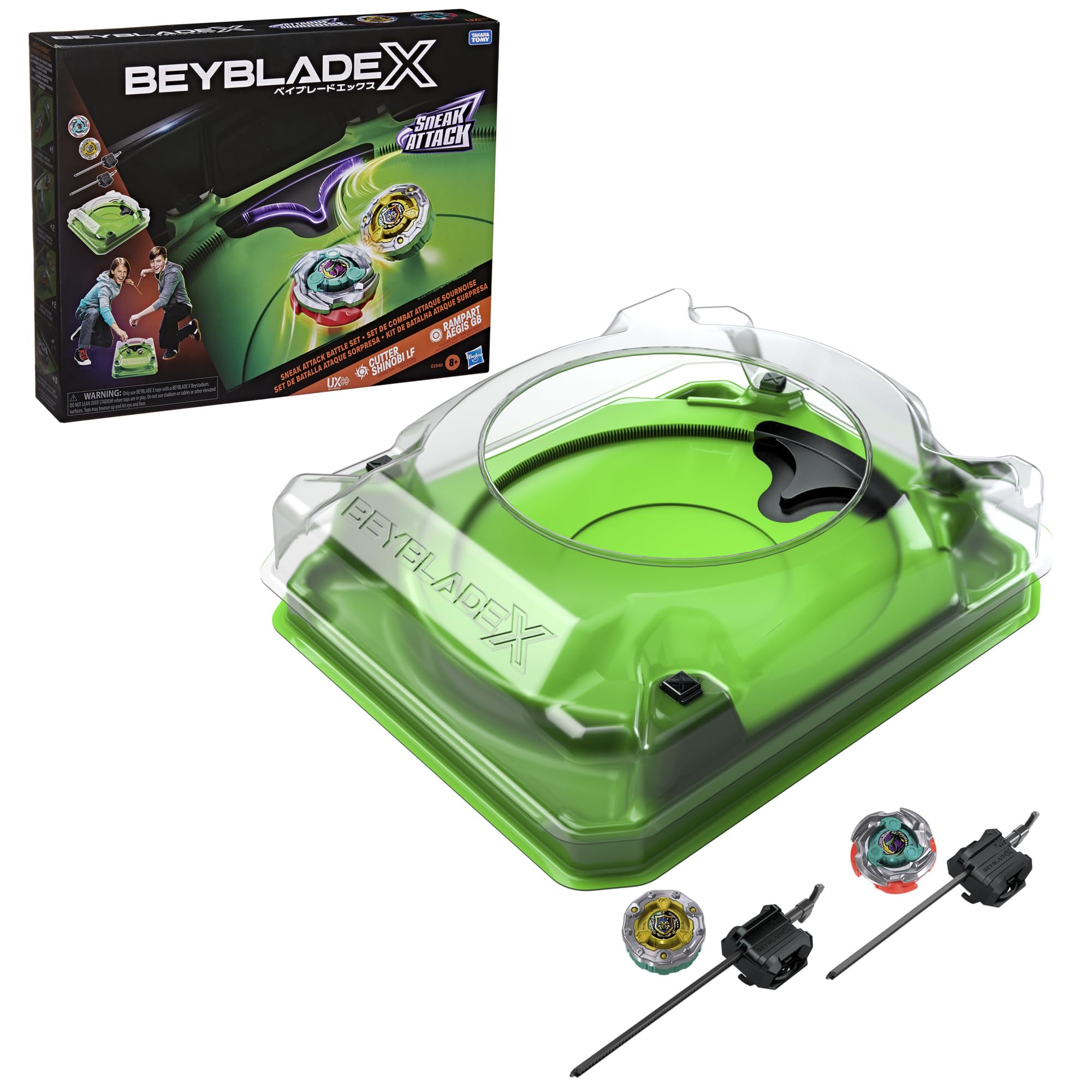Beyblade X, set da battaglia Sneak Attack con arena Beystadium, 2 trottole con rotazione a destra di Takara Tomy, trottole da battaglia giocattolo, 2 lanciatori, dagli 8 anni in su