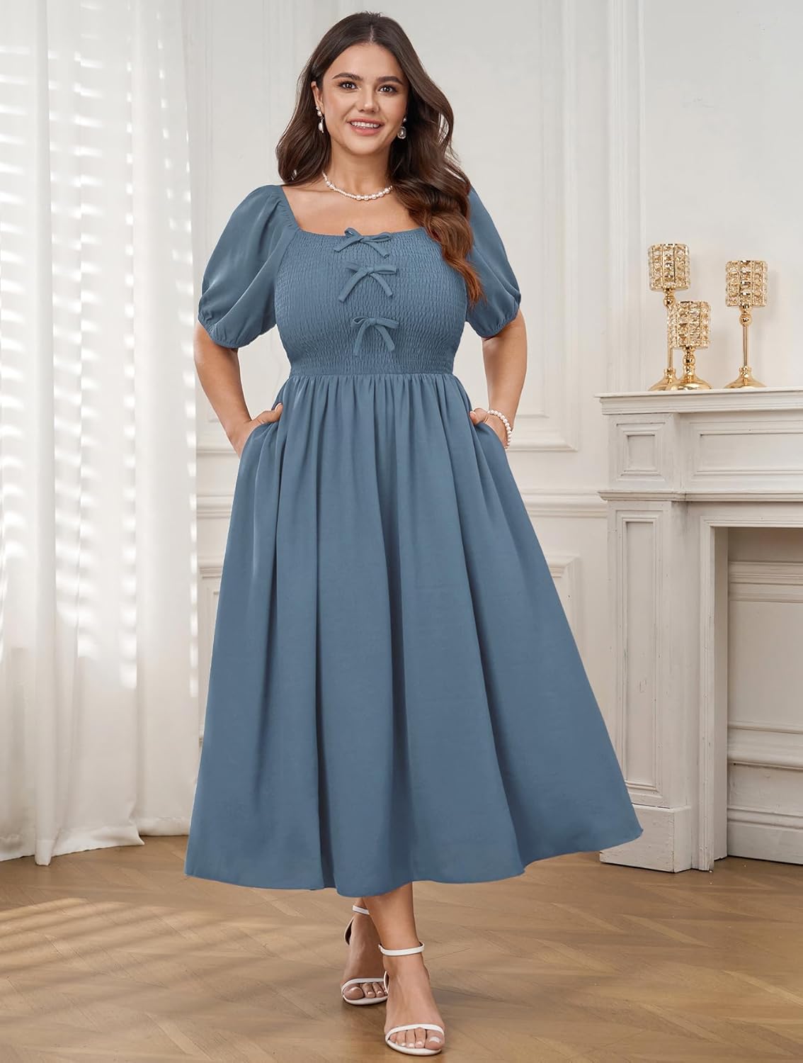 SCOMCHIC Women's Plus Size Cocktail Dress Milkmaid Bow Front Short Sleeve Square Neck Smocked Wedding Guest Maxi Dress - Image 5