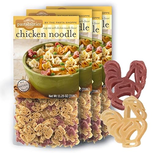 Pastabilities Sopa de fideos de pollo, divertidos fideos en forma de pollo con mezcla de sopa de pollo para niños, pasta de trigo natural sin OMG,