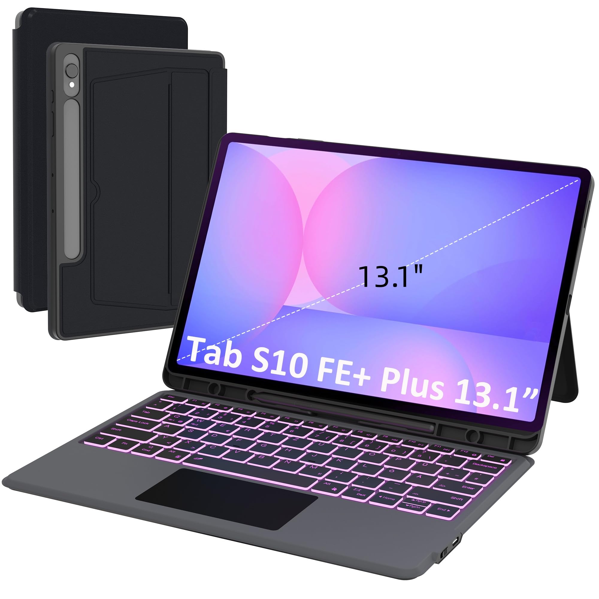 für Samsung Galaxy Tab S10 FE+ Plus 13.1 Zoll Hülle mit Tastatur: Tab S10fe+ Plus 2025 Deutsches QWERTZ-Layout Tastatur mit Touchpad | 7-Farbige Beleuchtung Kabellose Tastaturen Hülle mit Pen Halter
