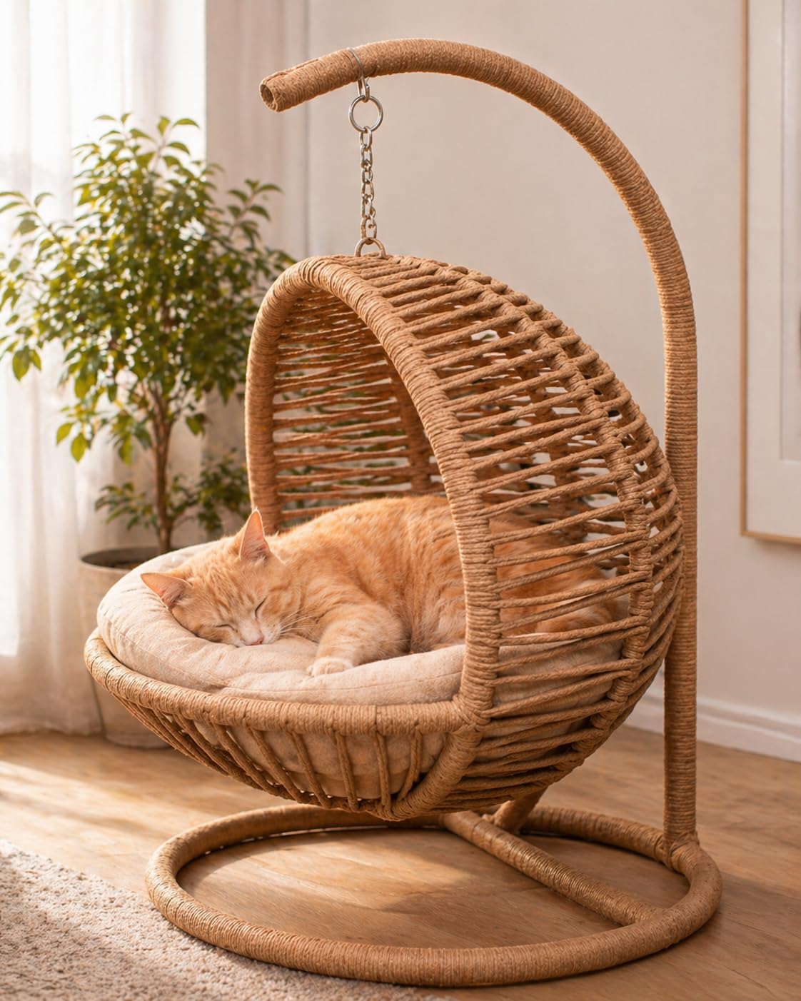 Generisch La Tahzen Katzenschaukel - Hängesessel für Katzen und kleine Hunde - 45 x 45 x 70 cm - Farbe Weiß - Handgefertigtes Haustiermöbel mit Plüschkissen (Beige)