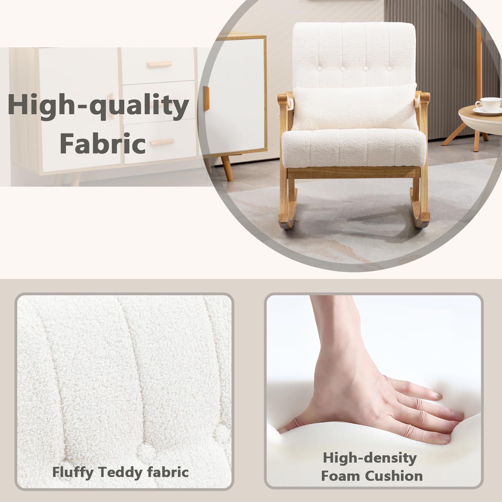EROMMY Fauteuil à Bascule, Fauteuil de Relaxation en Tissu Teddy avec Coussin Lombaire & Poche Latérale, Rembourré en Tissu Doux, avec Cadre en Bois de Caoutchouc, pour Salon, Chambre à Coucher, Blanc