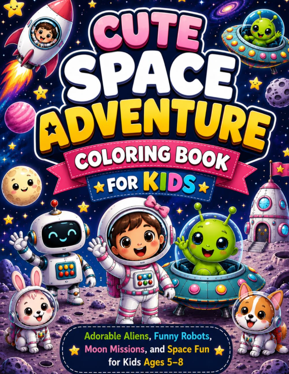 Cute Space Adventure Coloring Book: Adorable Aliens, Funny Robots, Moon Missions, and Space Fun for Kids Ages 5–8