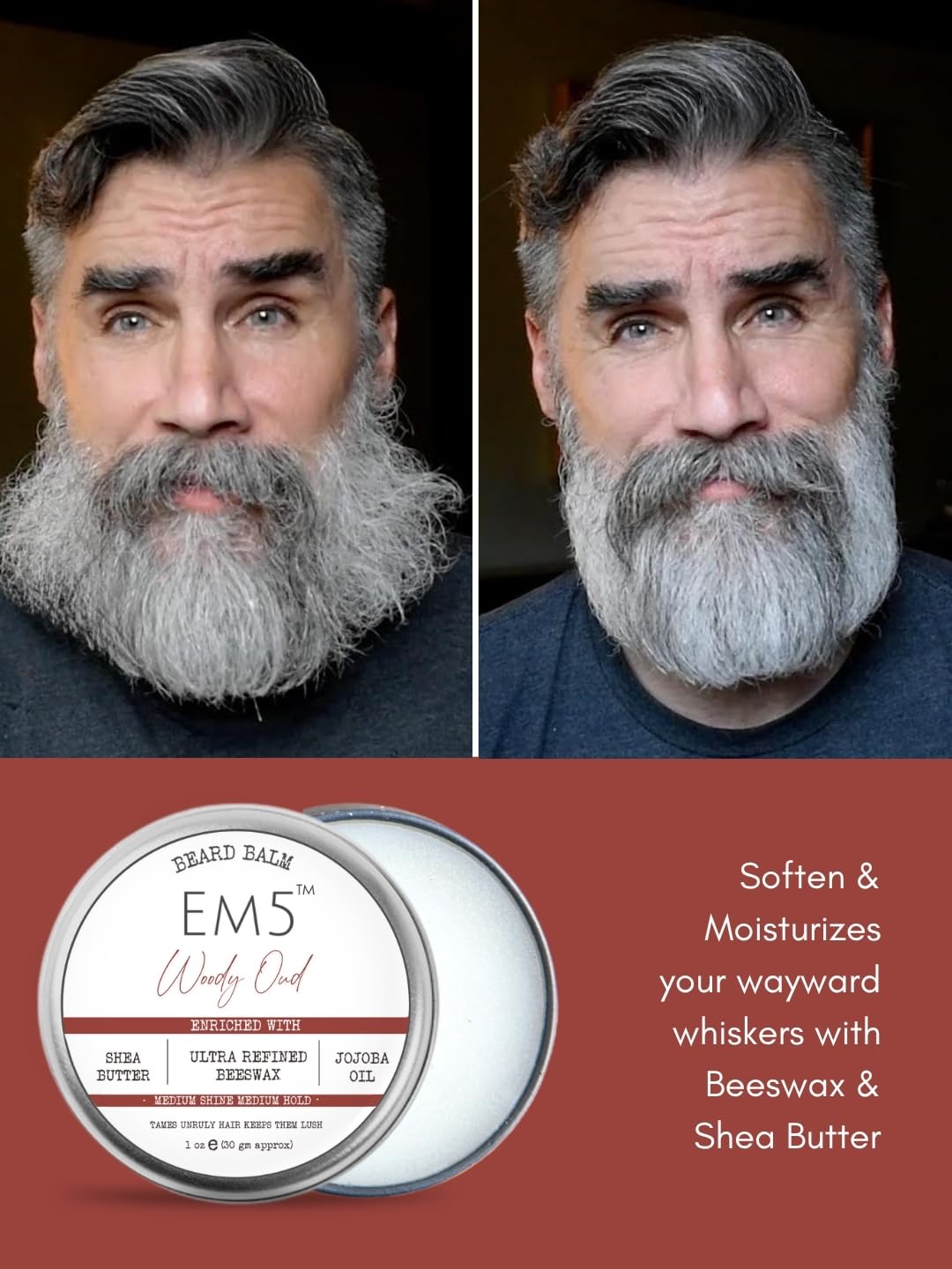 Em5 's Woody Oud Organic Beard Balm Shape Style And Tame Medium Hold And Shine Long Lasting Fragrance For All Hair| Mustache And Beards Wax Gift For Him/Men,1 Count 4
