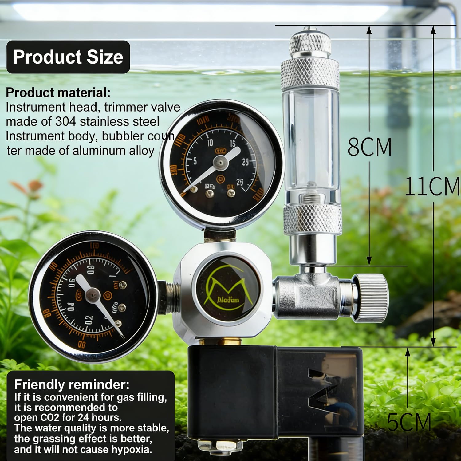 Co2 Aquarium,Régulateur Co2 pour Aquarium, Double Manomètre avec Électrovanne, avec Compte-Bulles, Interface w21.8