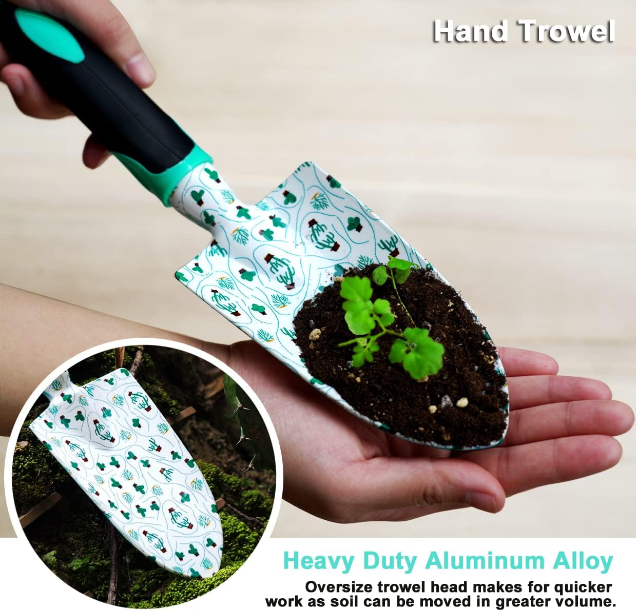 ESOW Garden Tool Set with Non-Slip Rubber Handle, 3 Piece Cast-Aluminum Heavy Duty Gardening Kit Includes Hand Trowel, Transplant Trowel and Cultivator Hand Rake, Cactus Pattern Printed
