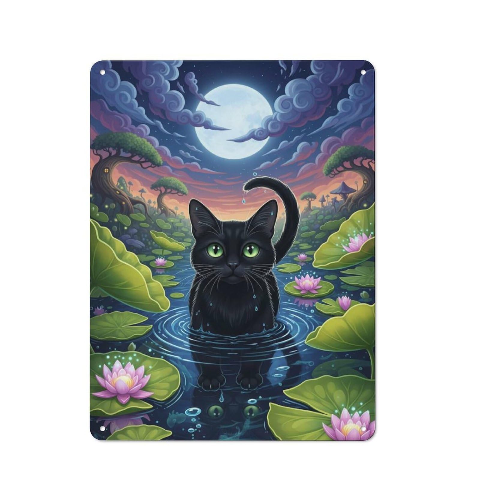 Black Cat in Lily Pond Industrial-style Tin Sign 40x30cm for Garage Or Workshop, for Garage, Workshop And Man Cave Decoration
