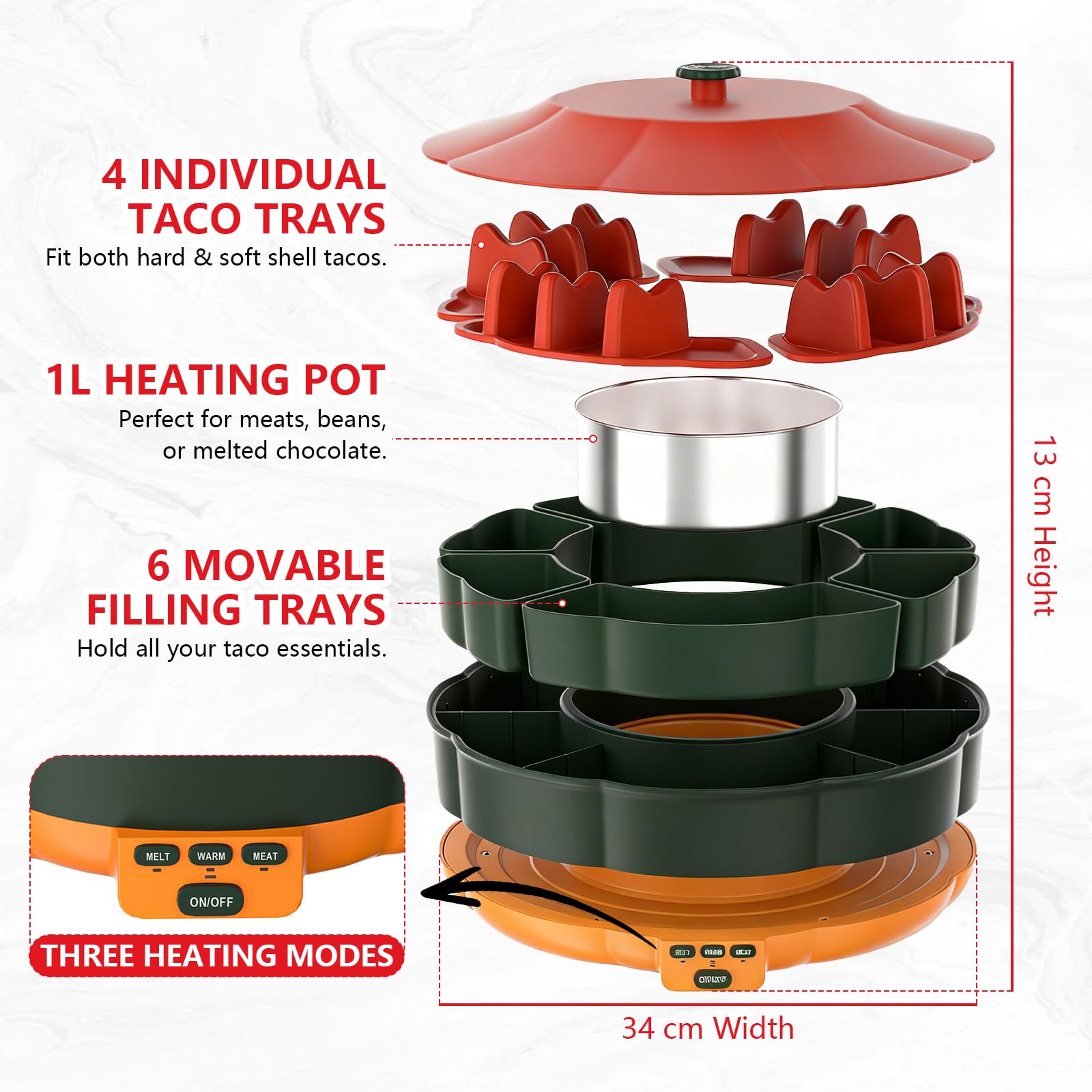 Set Taco Tuesday, Service à Tacos et Fondue au Chocolat avec Chauffe-Plat 1 L, 3 températures, 4 Supports et Plateau tournant, Parfait pour soirées familiales et Desserts