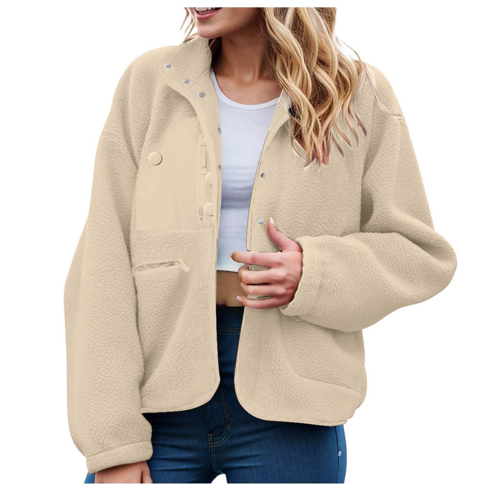 Generisch Damska kurtka pluszowa, damska kurtka polarowa, puszysta kurtka polarowa, luźna, z długim rękawem, Cropped Button Down Shacket, płaszcz, odzież wierzchnia z kieszeniami, taliowana