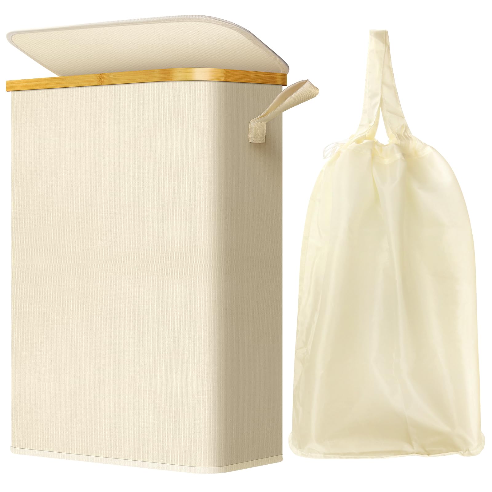 Bryze Beige 70L Slim Laundry Basket With Lid, Tall Narrow Clothes Hamper With Removable Bag & Bamboo Handles, Foldable Laundry Bin For Bathroom, Bedroom, Dorm (Beige)