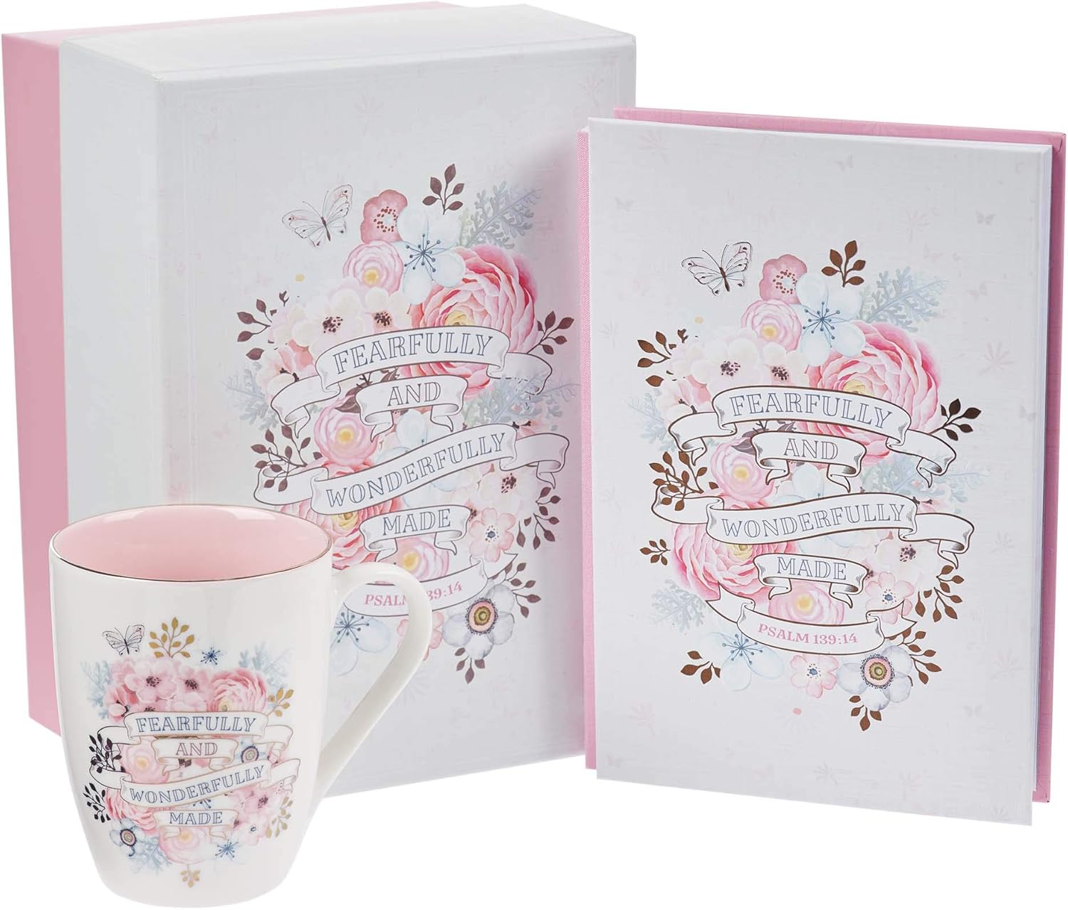 Christian Art Gifts Fearfully and Wonderfully Made Pink Floral Coffee/Tea Mug Gift Set For Women Psalm 139:14 Bible Verse Inspirational Coffee Cup and Notebook Journal w/Scripture, 12oz