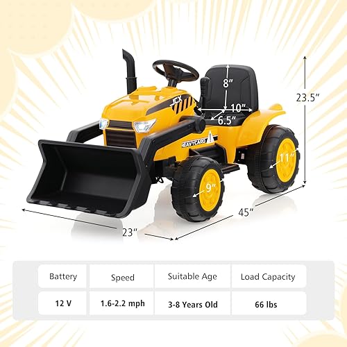 Miniatura 7 de HONEY JOY Excavadora de montar, excavadora con ruedas de 12 V con batería para niños, con cubo de excavación ajustable, faros, música, bocina,