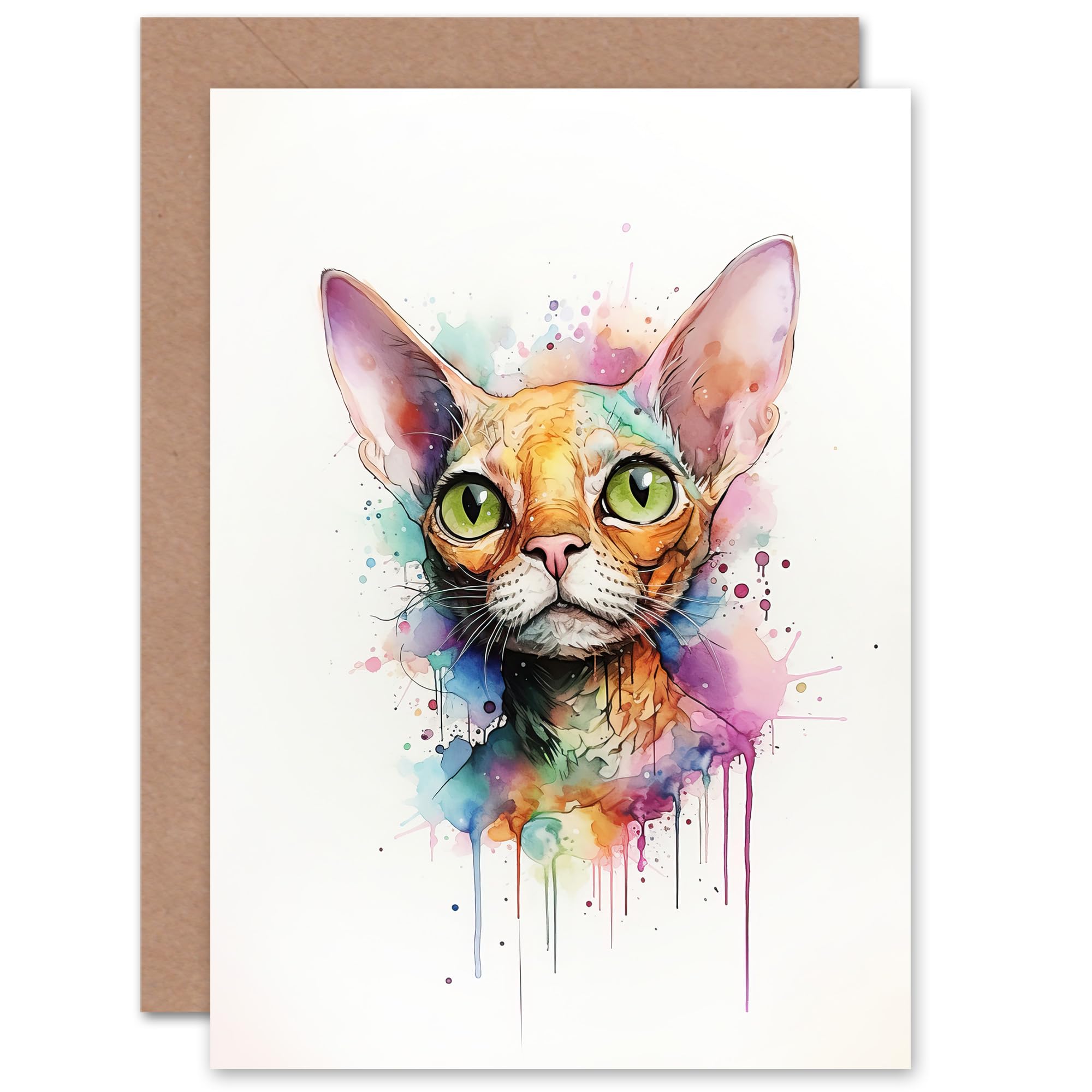 Artery8 Devon Rex Cat Lovers Gift Watercolour Pet Portrait Painting Artwork Sealed Greeting Card Plus Envelope Blank inside