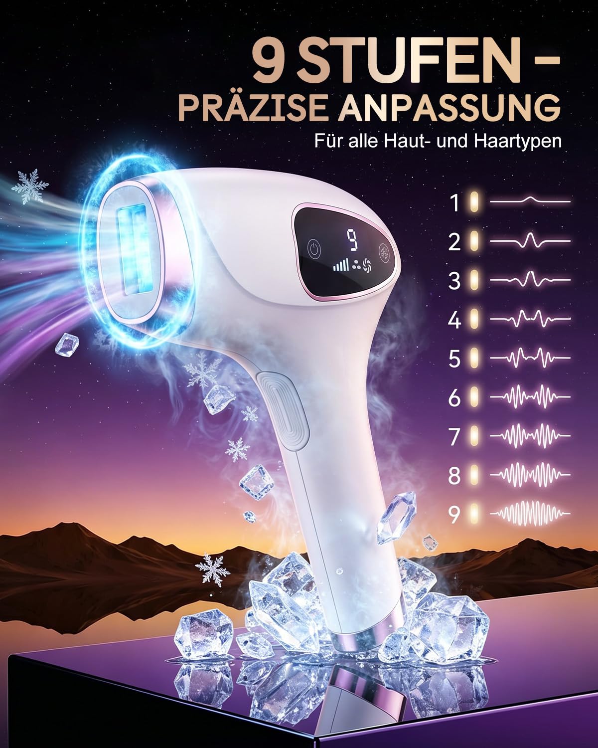IPL Haarentfernungsgerät für Zuhause – 990.000 Blitze, 9 Energiestufen & Kühlfunktion, dauerhafte Haarentfernung für Körper, Achseln, Bikini-Zone, 3 Modi – inkl. Schutzbrille & Rasierer