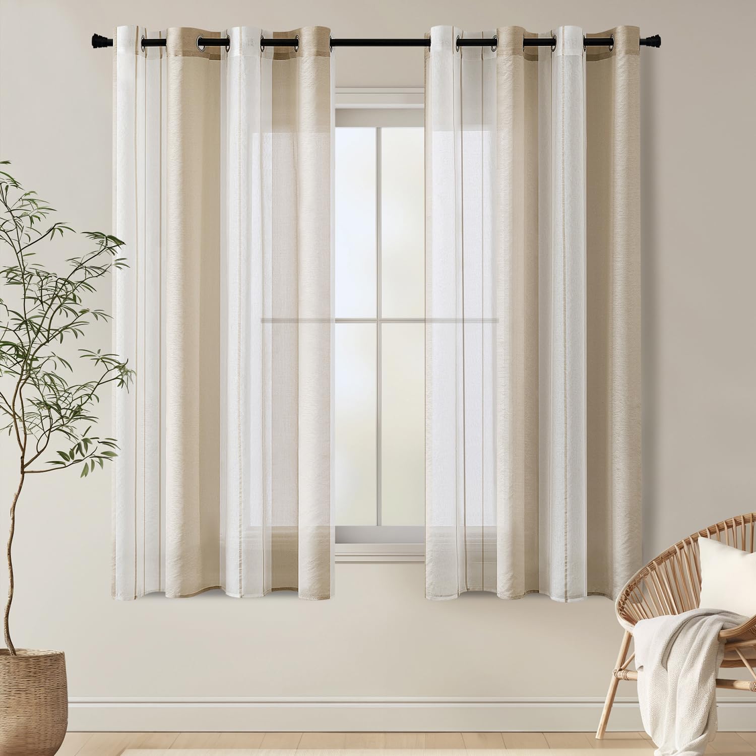 EMEMA Cortinas Rayas Transparente con Ojales Cortinas de Voile Salón Moderno Juego de 2 Cortinas Dormitorio Transparente con Patrón Cortina Semitransparente Rayas 140 x 175cm Blanco y Beige