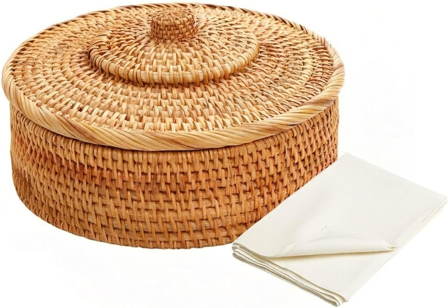 Wenqik 10 Inches Round Rattan Boxes with Lid and 2 Pcs Cotton Towel Cloth Wicker Storage Bin Rustic Rattan Basket for Organizer Woven Box Storage(Classic Style)