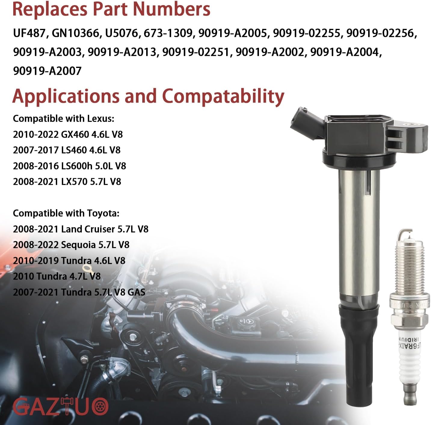 Ignition Coil Pack UF487 & Spark Plugs (Set of 8) - Compatible with Lexus GX460 LS460 LS600h LX570 Toyota Land Cruiser Sequoia Tundra 4.6L 4.7L 5.0L 5.7L V8 - Replaces #90919-02255 673-1309