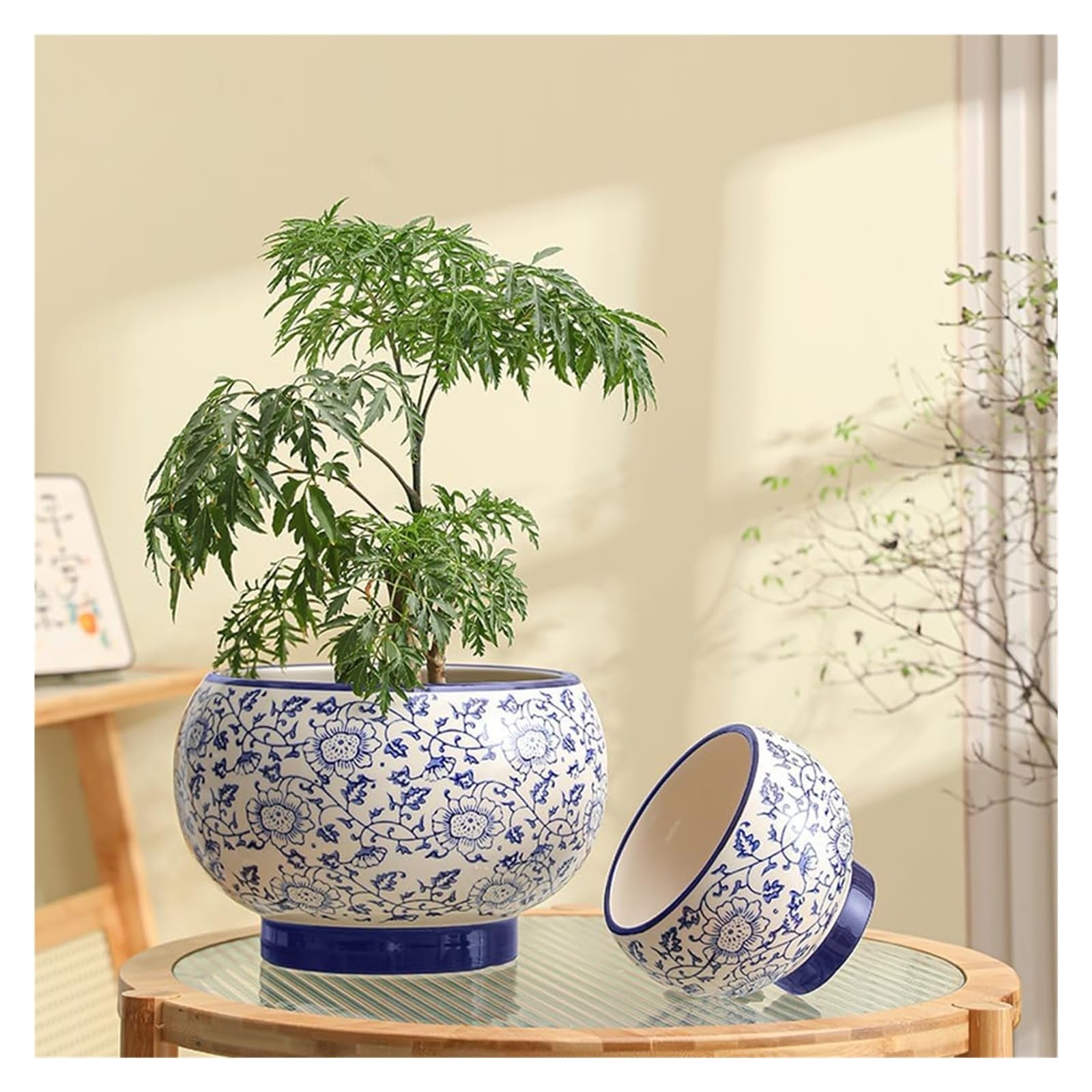 Doniczka gliniana do roślin chińska niebiesko-biała porcelanowa doniczka ceramiczna nowoczesna glazura sukulent z otworem drenażowym 20 cm okrągły kwiat do wewnątrz na zewnątrz zioła Sna (21 x