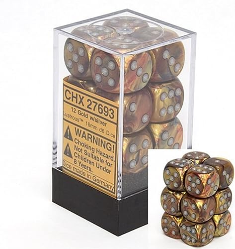 Chessex Juego de dados d6 oro brillante con plata - 0630in de seis caras 12 bloque de dados