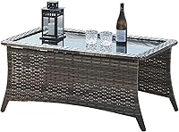 Vista 8 de HUMMUH Mesa de centro al aire libre Patio Rattan Patio Mesa auxiliar incorporada de vidrio negro PE mimbre rectangular sofá mesa marrón oscuro