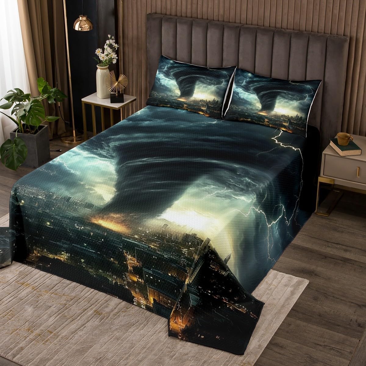Erosebridal Tornado Quilt Set Queen Size for Kids Teens Adults,Natural Disaster Coverlet Set,3D Lightning Hurricane Bedspread Set,Horror Themed Bed Cover