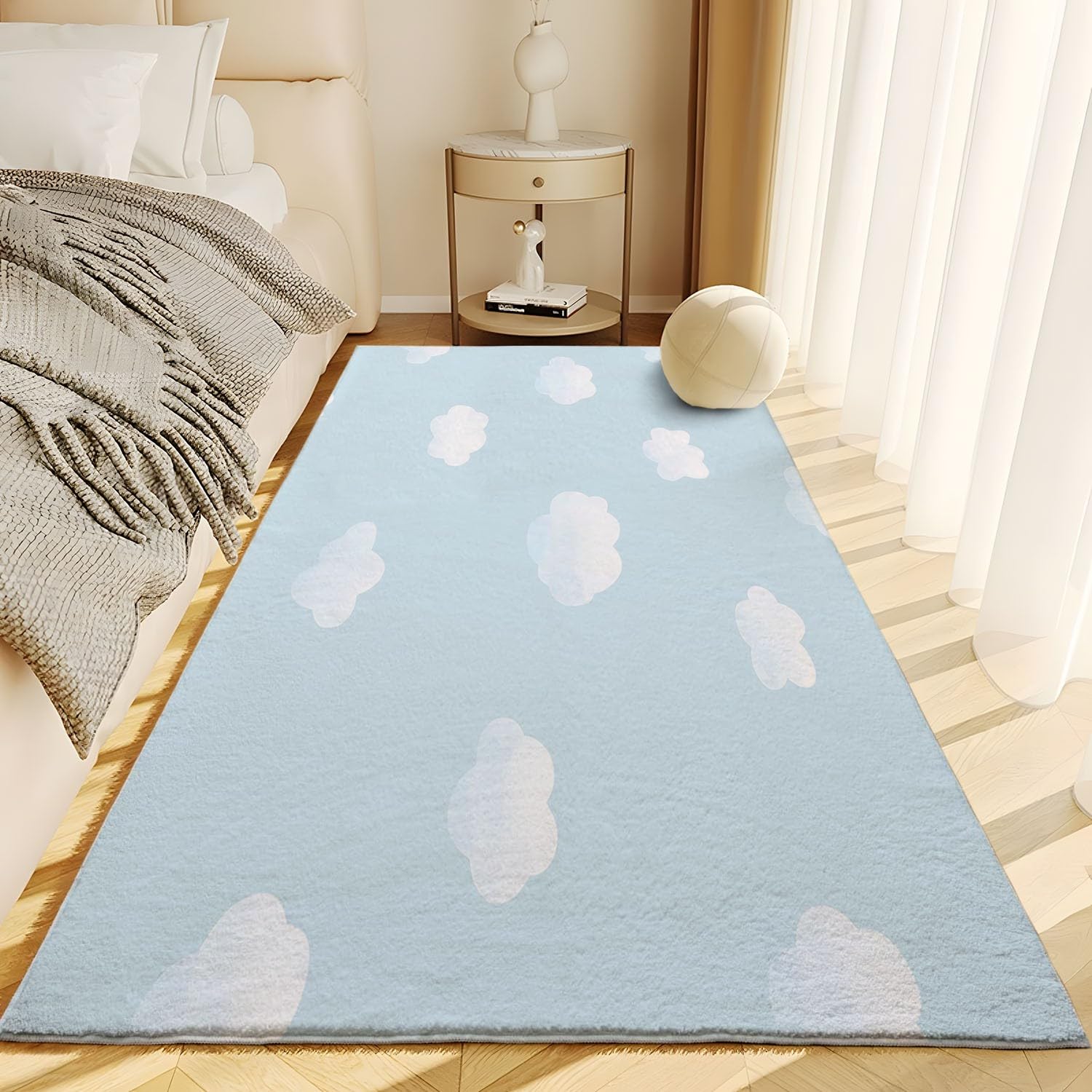 Tapis pour Salon Moquette 120cm x 180cm Tapis Poils Ras Nuages Blancs, Fond Bleu Thème Soft Doux et Moelleux Tapis pour la Chambre à Coucher d'enfant Couloir
