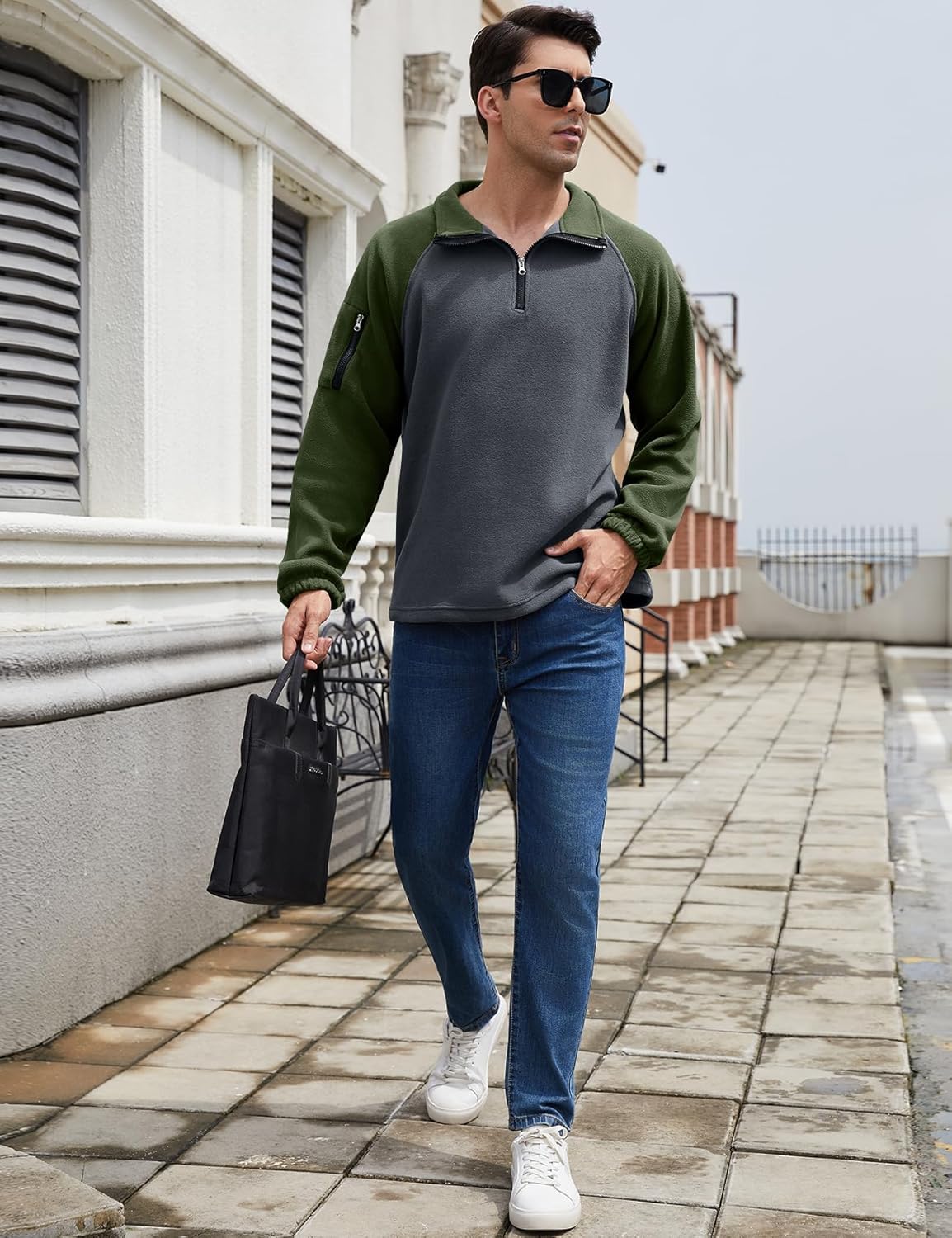 COZYPOIN Men's Quarter Zip Fleece Pullover Sweatshirt Raglan Sleeve Half Zip Mock Neck Warm Colorblock Polo Sweater - Image 4