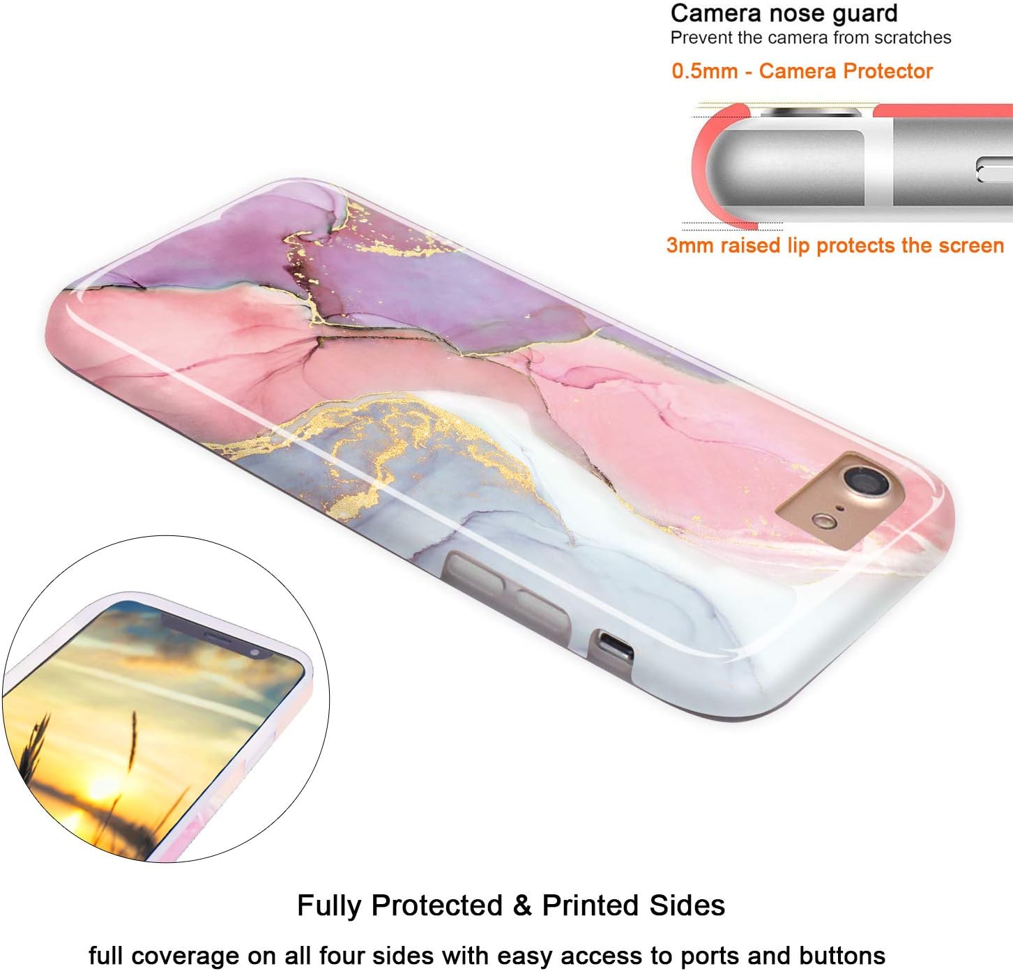 JIAXIUFEN Compatible with iPhone SE 2022 Case,iPhone SE 2020 Case, Gold Sparkle Glitter Marble Desgin Slim Shockproof Flexible Cover Phone Case for iPhone 6/6s/7/8/SE Pink Purple - Image 3