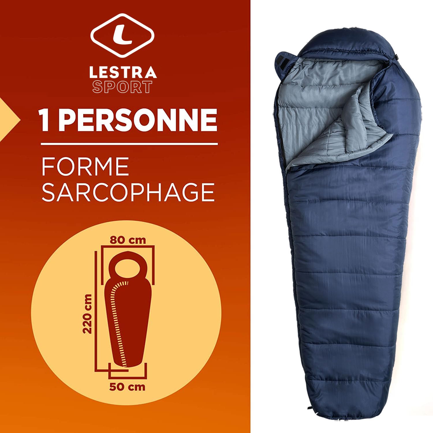 Lestra Sport ­ Mont Everest 220 - Sac de Couchage Toutes Saisons - T° Limit Confort -05°C - Confortable & Performant - Adulte - 220 x 80 cm - 1,850kg