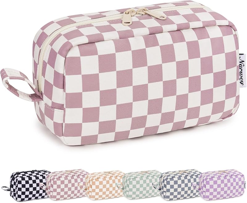Necessaire de maquiagem Narwey com estampa xadrez, bolsos organizadores, Dusty Rose Checkerboard, grande