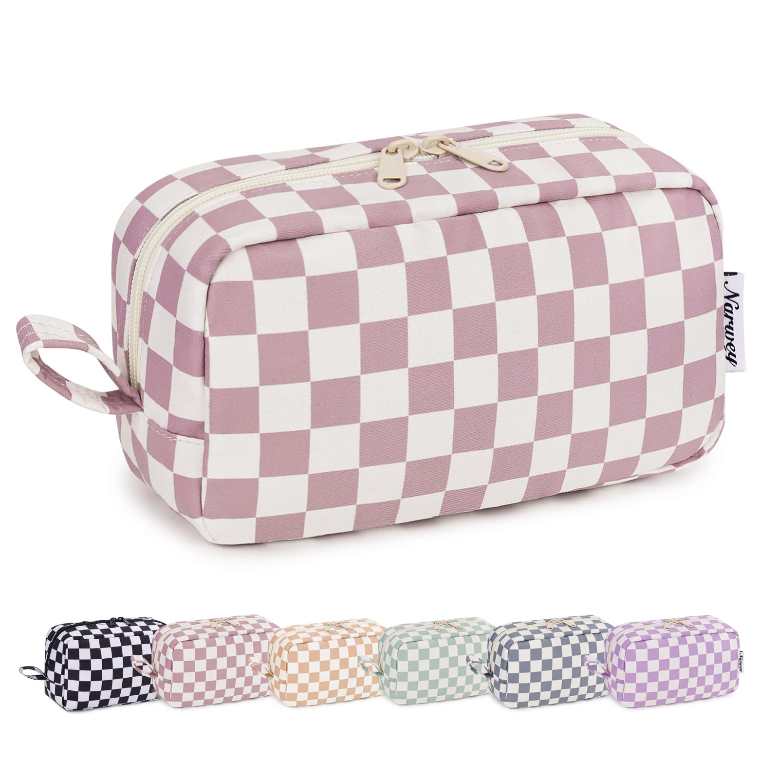 Narwey Checkered Makeup Bag, Travel Cosmetic Bag Organizer, Toiletry Bag Make Up Bags with Organized Pockets for Women (Dusty Rose Checkerboard, Large)