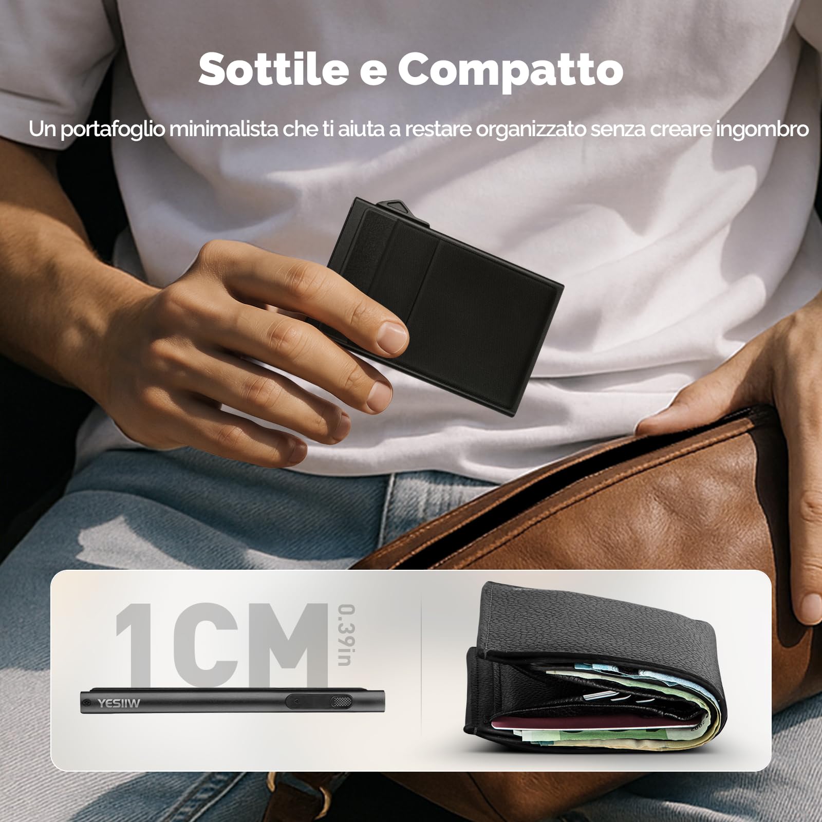 YESIIW Portafoglio Uomo Slim Piccolo | Portacarte Uomo Donna Portatessere Porta Carte Di Credito | Portafogli Mini Protezione RFID con Portamonete | Box Regalo (Nero)