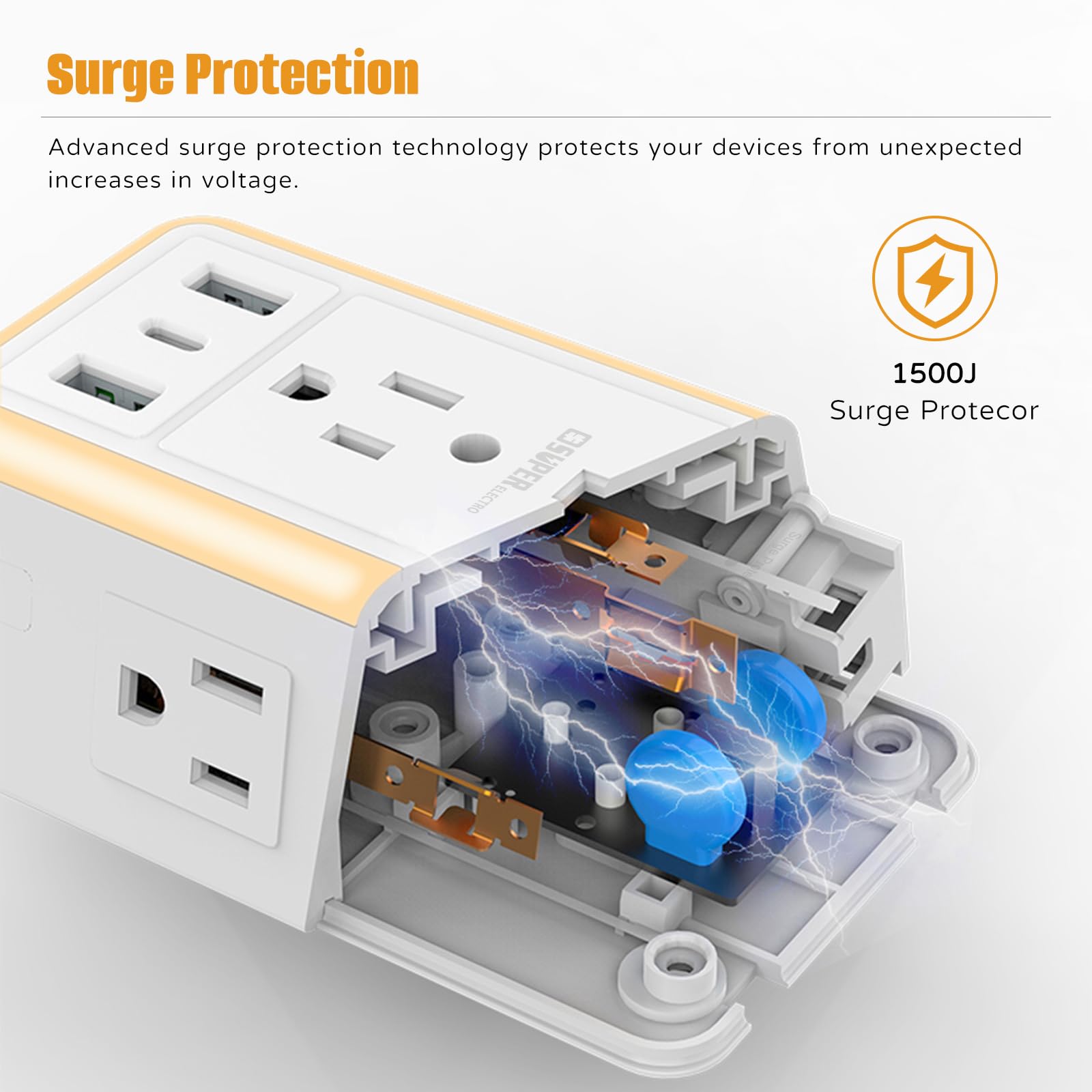 USB Wall Charger Surge Protector, Super Electro 6 Outlet Extender with 3 USB Charging Ports (5V 3.4A Total) and Night Light, 3-Sided 1500J Multi Plug Wall Outlet for Home, Office, ETL Listed