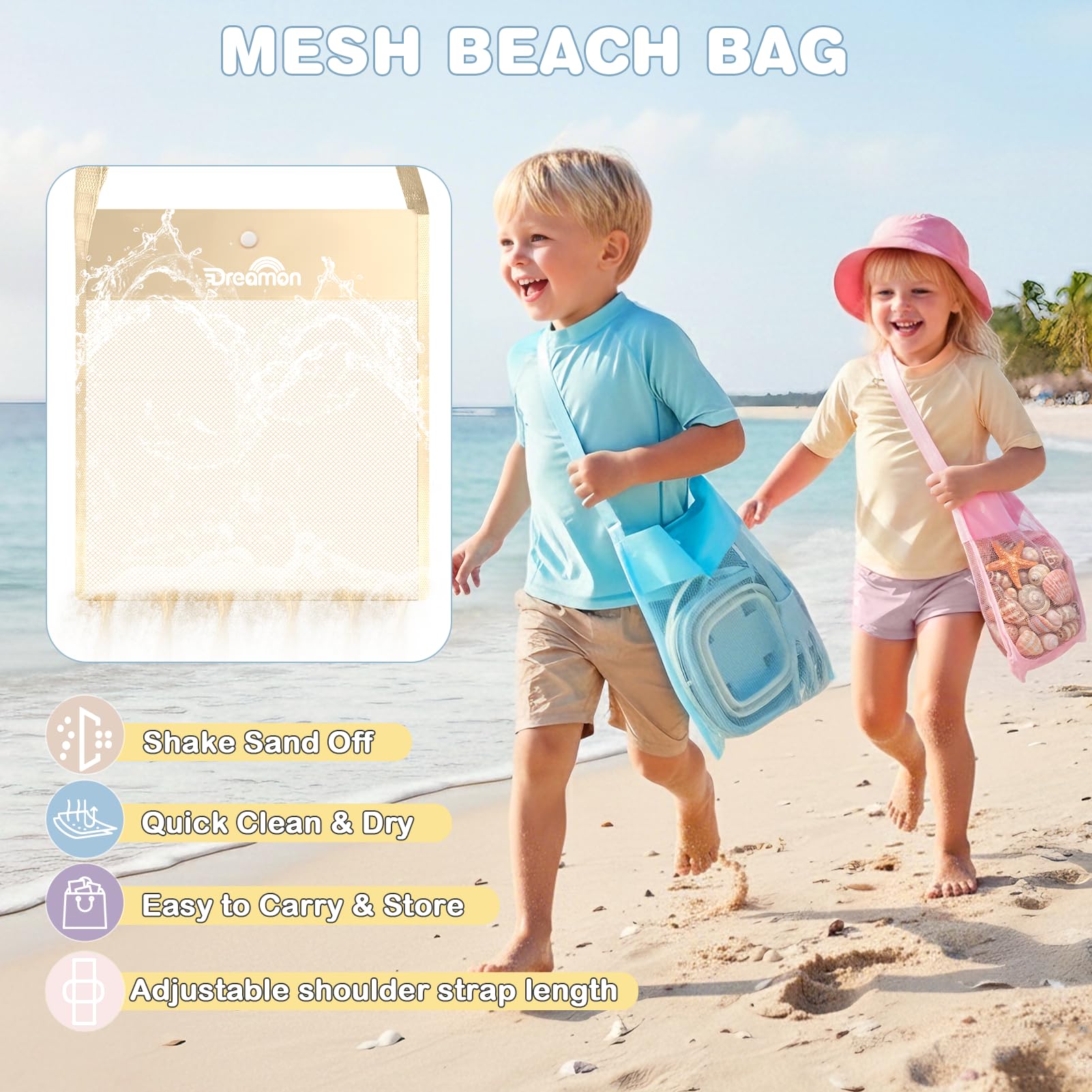 Dreamon Giochi Spiaggia Bambini Set 3 4 5 Anni con Secchiello Spiaggia Bambini Pieghevole Sacco a Rete Setaccio per La Sabbia Pala e Rastrello Giocattoli Regalo Esterno per Bambini e Bambine