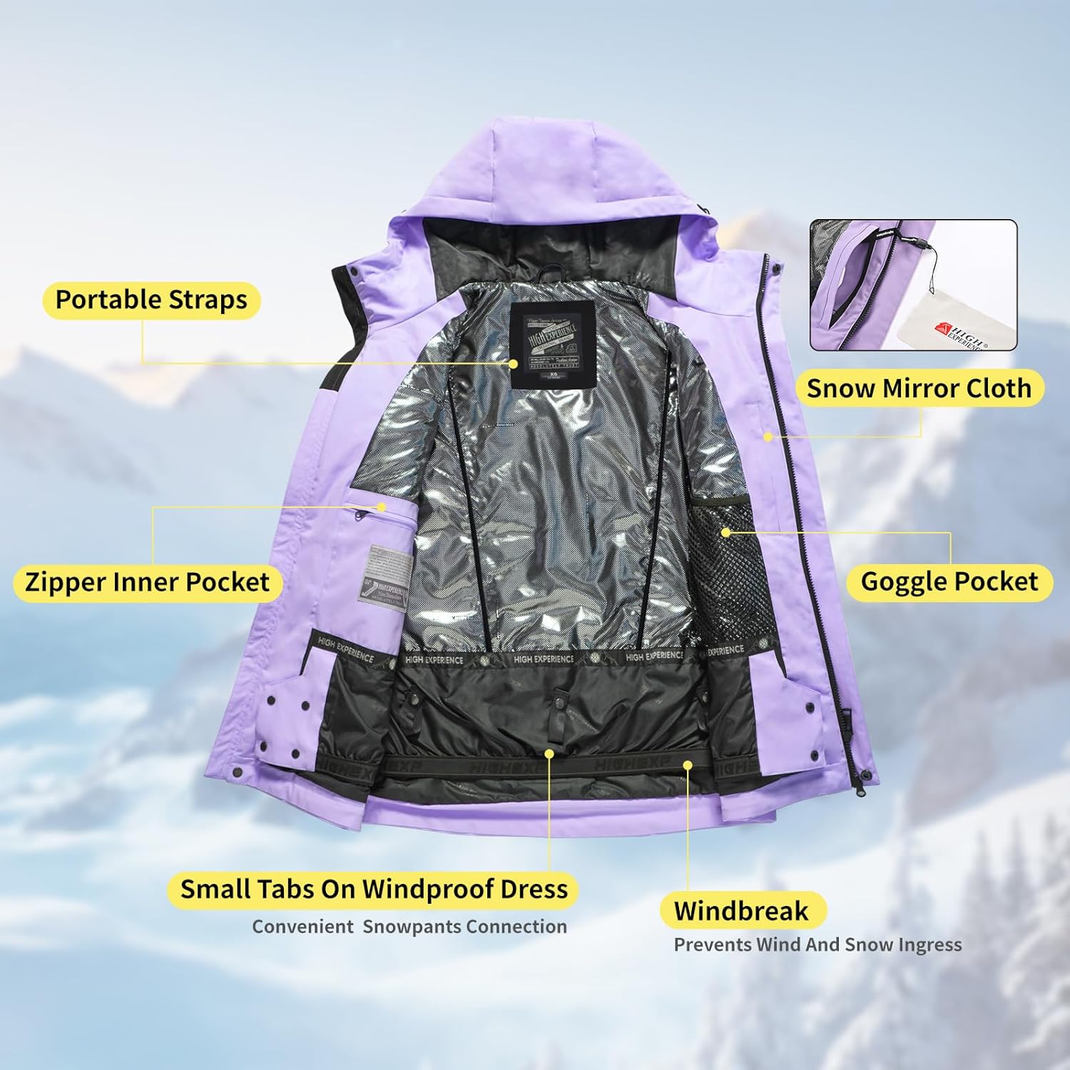 HIGH EXPERIENCE Ski Jacket Snowboard Coat Snow Winter Waterproof Insulated Windproof Baggy Warm Hooded Jacket for Men Women - Image 5