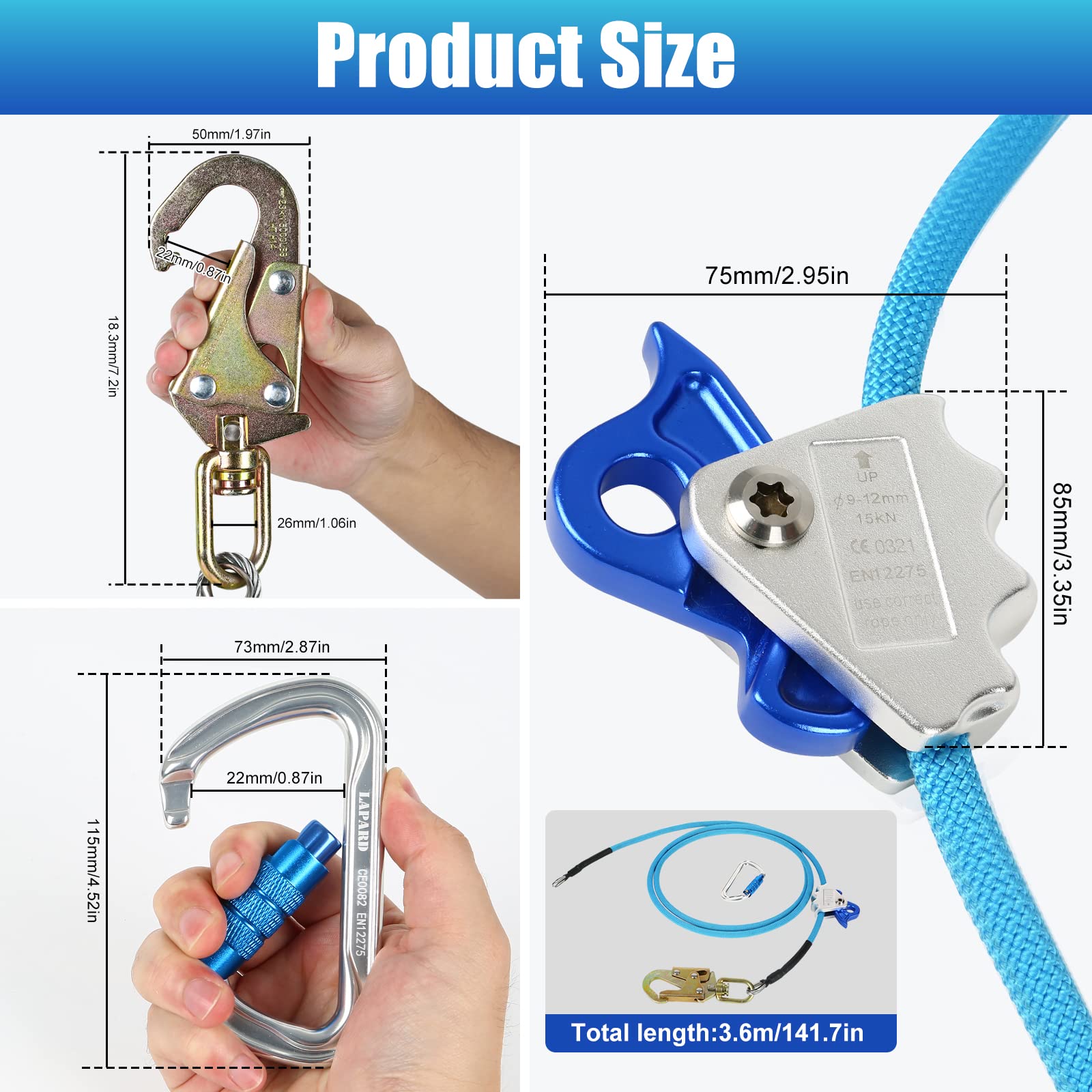 Kit Corda In Acciaio Con Moschettone - 12mmx3m, Per Arboricoltura E Lavori In Altezza - Foto 6