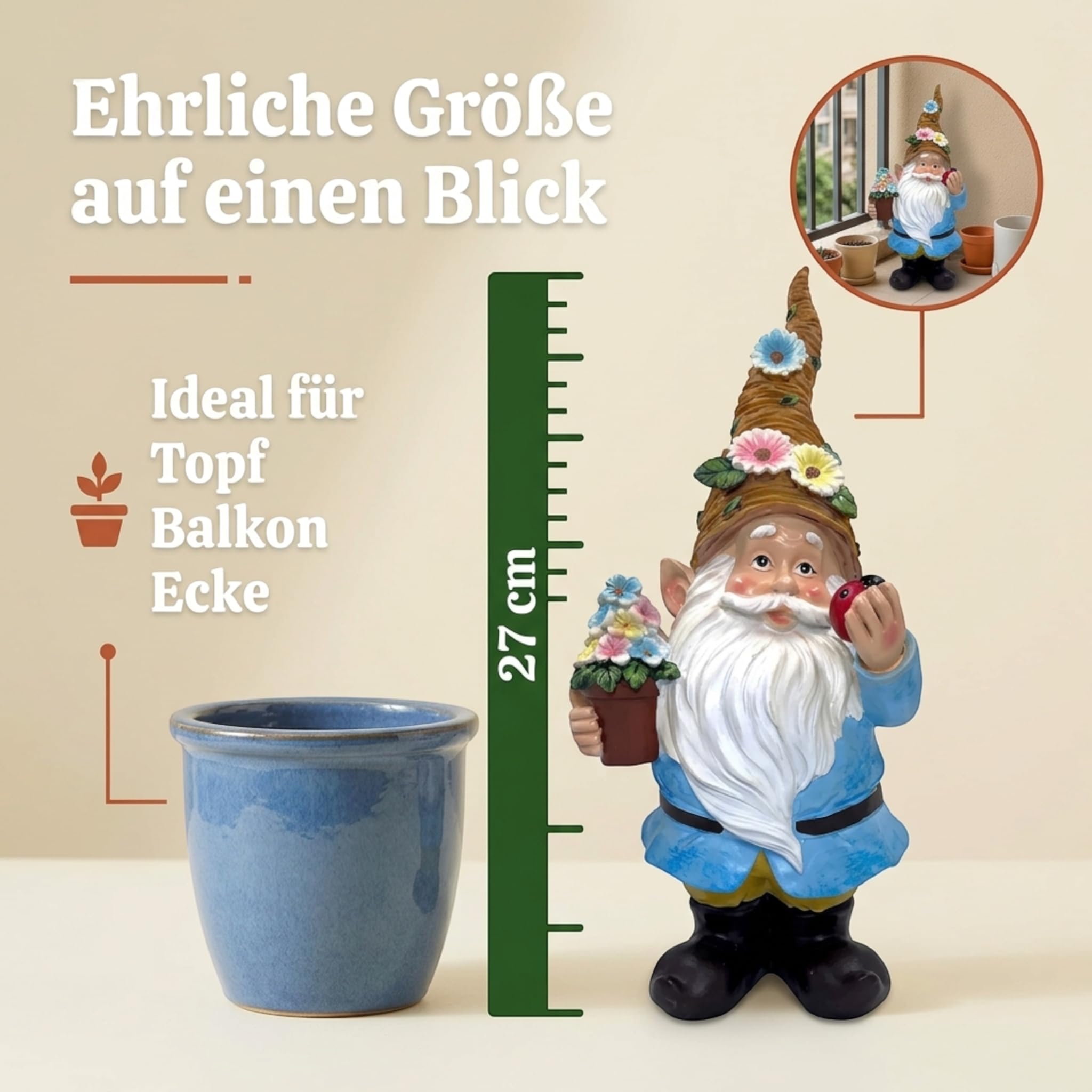 MIJOMA Gnom Gnome Gnome Dwarf Jardín Decoración Jardín Jardín Decoración Enana para Jardín Decoración del Hogar Decoración para Terraza para Balcón (Chaqueta Azul - 27 cm)
