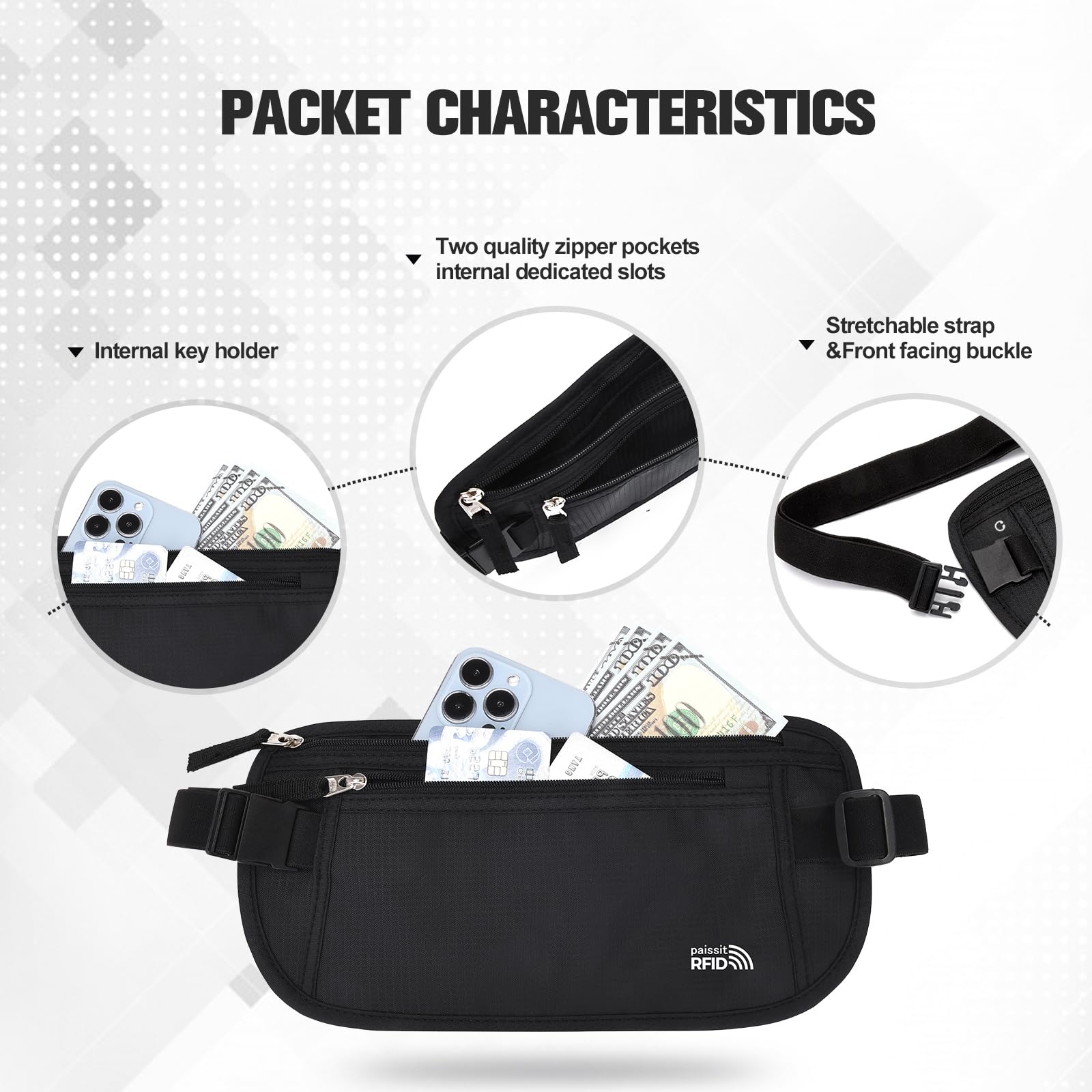 Unisex-Geldgürtel für Damen und Herren, schlanke Reisepasshülle, RFID-blockierend, Reisetasche mit verstellbarem Gurt, kleine Hüfttasche für Workout, Laufen, Reisen, Wandern, Schwarz