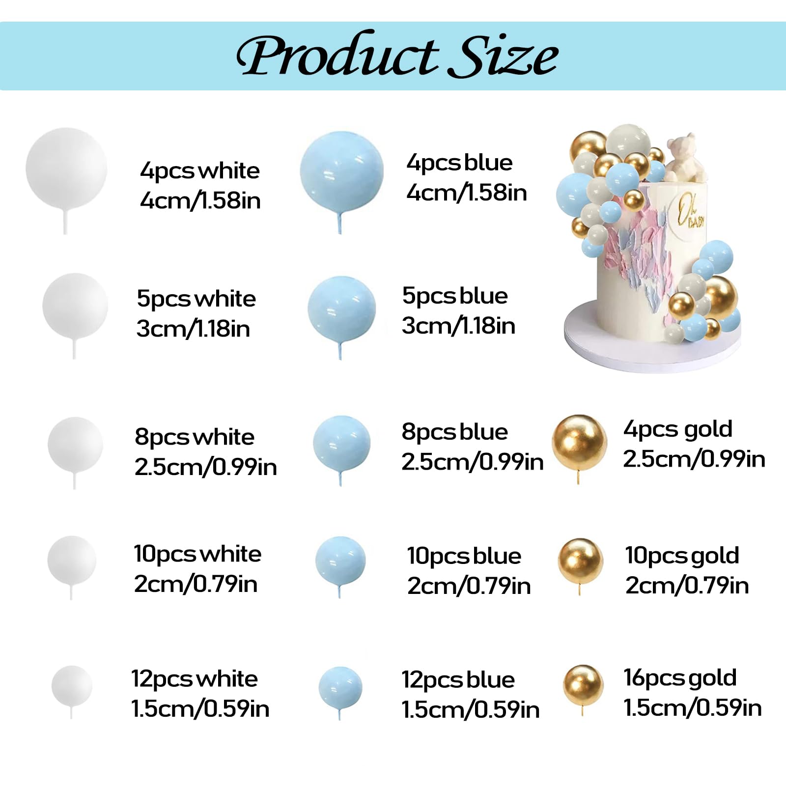 108-teiliges Cake Topper Set – Goldene, Weiße & Blaue Kugeln In 5 Größen Für Kuchen-Deko