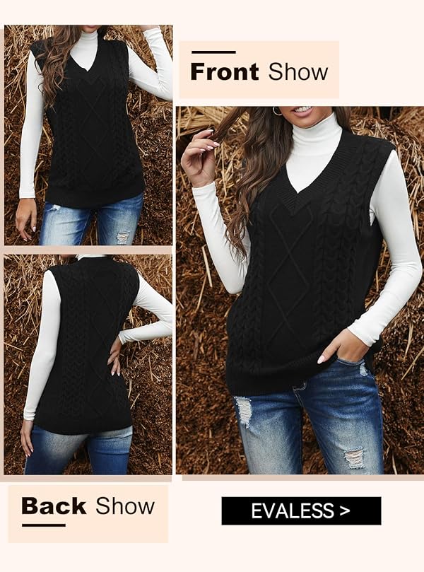 EVALESS Womens Plus Size Black Sweater Vest V Neck Sleeveless Sweaters for Women Cable Knit Solid Color Tops Loose Casual Soft Sweater Large by EVALESS - Image 7