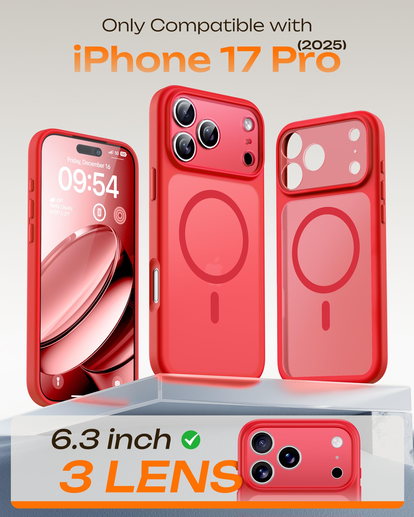 TOCOL Cover Magnetica per iPhone 17 Pro 6,3 Pollic, Compatibile con MagSafe, Anello Magnetico Incorporato, Protezione Fotocamera Integrata, Custodia Antiurto Traslucida Opaca, Rosso