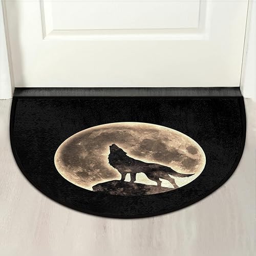 Miniatura 5 de PuseTaer Tapete semicircular con diseño de lobo y luna, diseño vintage de animales, antideslizante, duradero, lavable, para interiores y exteriores,