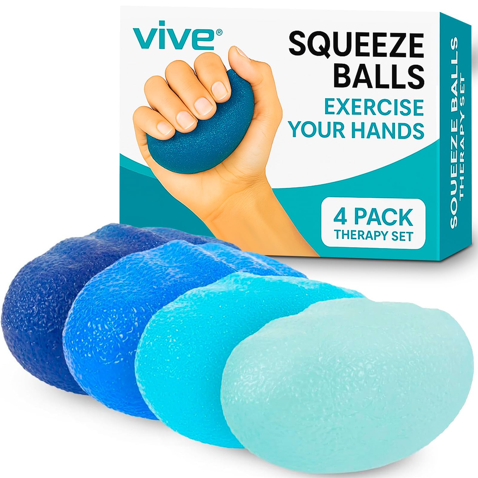 Vive Squeeze Ball Hand Therapy Set (4 Pack) - Grip Strengthener, Occupational Exercise Equipment, Arthritis, Parkinson, Stroke, Carpal Tunnel Recovery - Stress Relief, Massage, Putty, Finger Toy