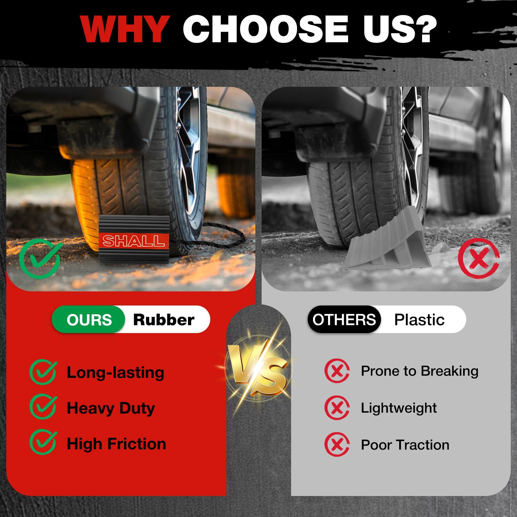 SHALL Cunei per ruote, in gomma resistente, con 3 strisce riflettenti, blocco solido per camper, camion, auto, aerei, confezione da 2 paia/4 pezzi con corda, rosso