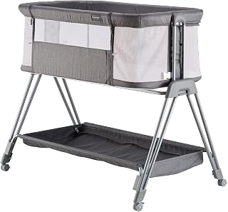 Baby Bassinets,Bedside Sleeper for Baby, Easy Folding Bedside Crib 7 Height Adjustable with All Mesh Baby Bed for Infant Newborn Girl Boy (Light Grey)