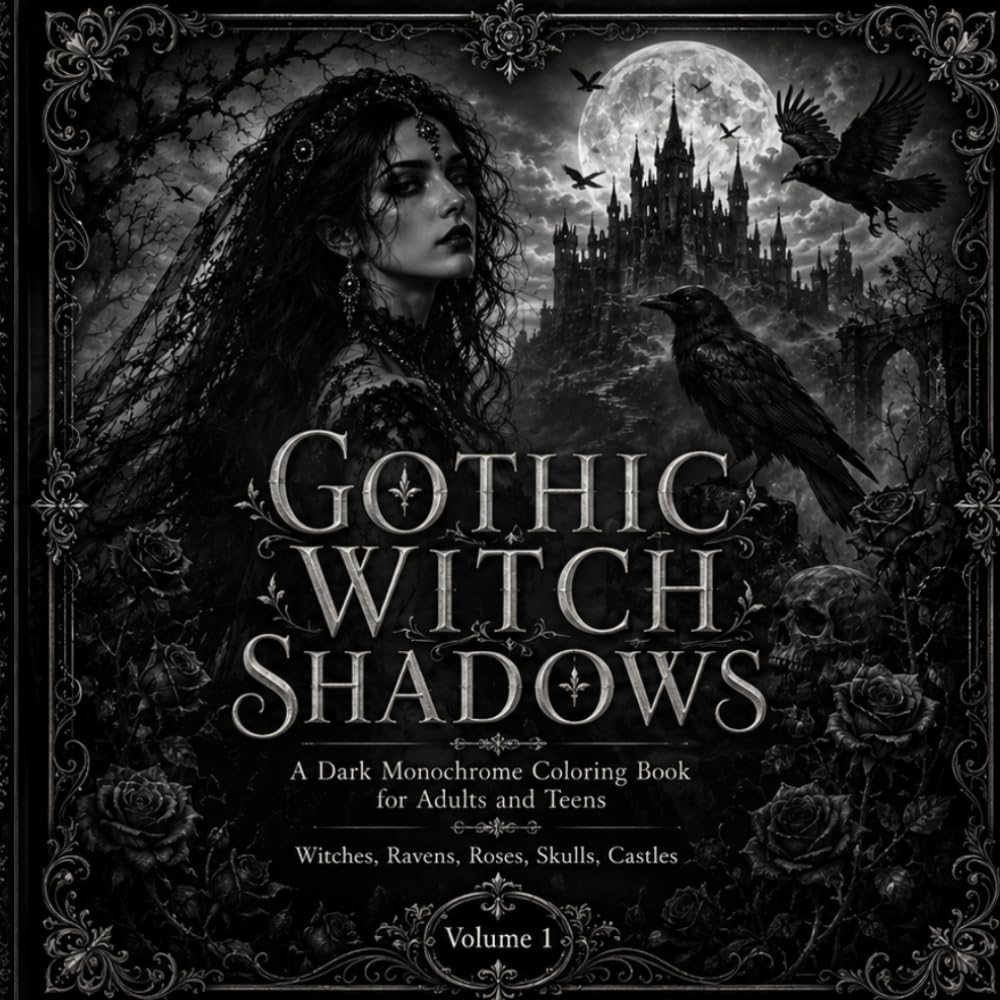 Gothic Witch Shadows: A Dark Monochrome Coloring Book for Adults and Teens with Gothic Witches, Ravens, Roses, Skulls, Castles and Colored Inspiration Pages