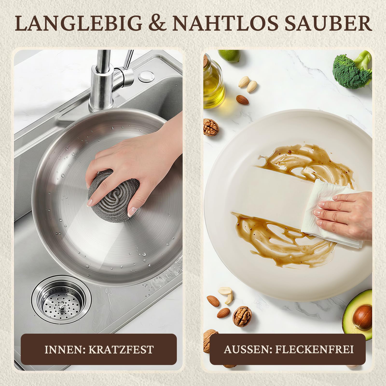 KOKHUB Pfannenset mit abnehmbarem Griff 7-Teilig, Edelstahl Pfanne | 20/26/30 cm, 3-Schicht-Material Bratpfannen Induktion unbeschichtet, Platzsparend, PFOA- & PFAS-frei, Backofenfest, Beige