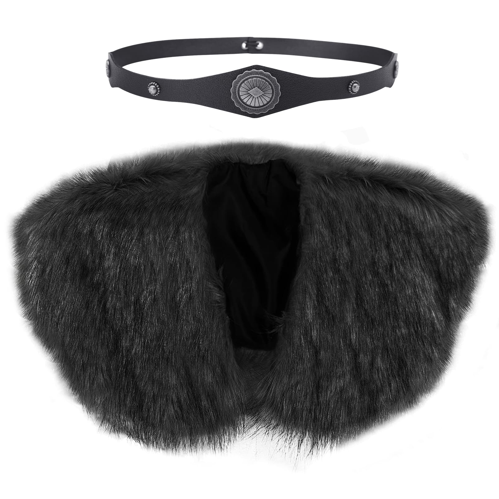FakeFace Viking Faux Fur Shawl Renaissance Cape Medieval Mantle Shoulder Wrap Collar Furry Fur Collar Halloween Cosplay Costume (Black with Leather Headband - Image 2