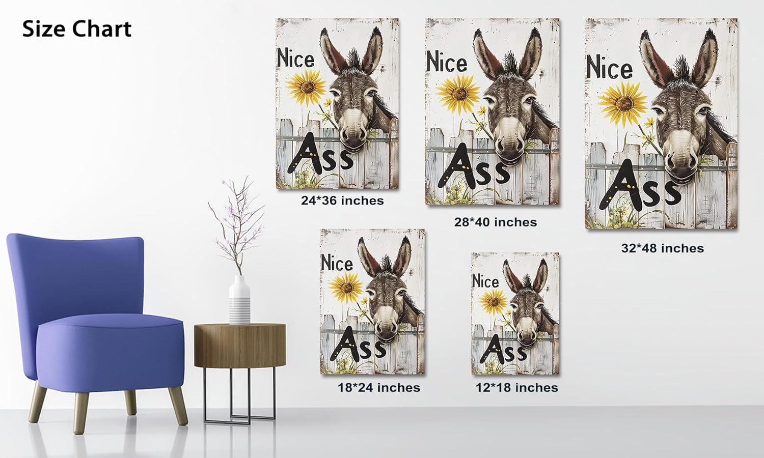 Donkey Animal Wall Art, Nice Ass Yellow Daisy Flower Bathroom Sign Picture Canvas Prints, Funny Farmhouse Signs Wall Art Decor Poster, Toilet Guest Bathroom Wall Decoration Artwork 18x24 Inches